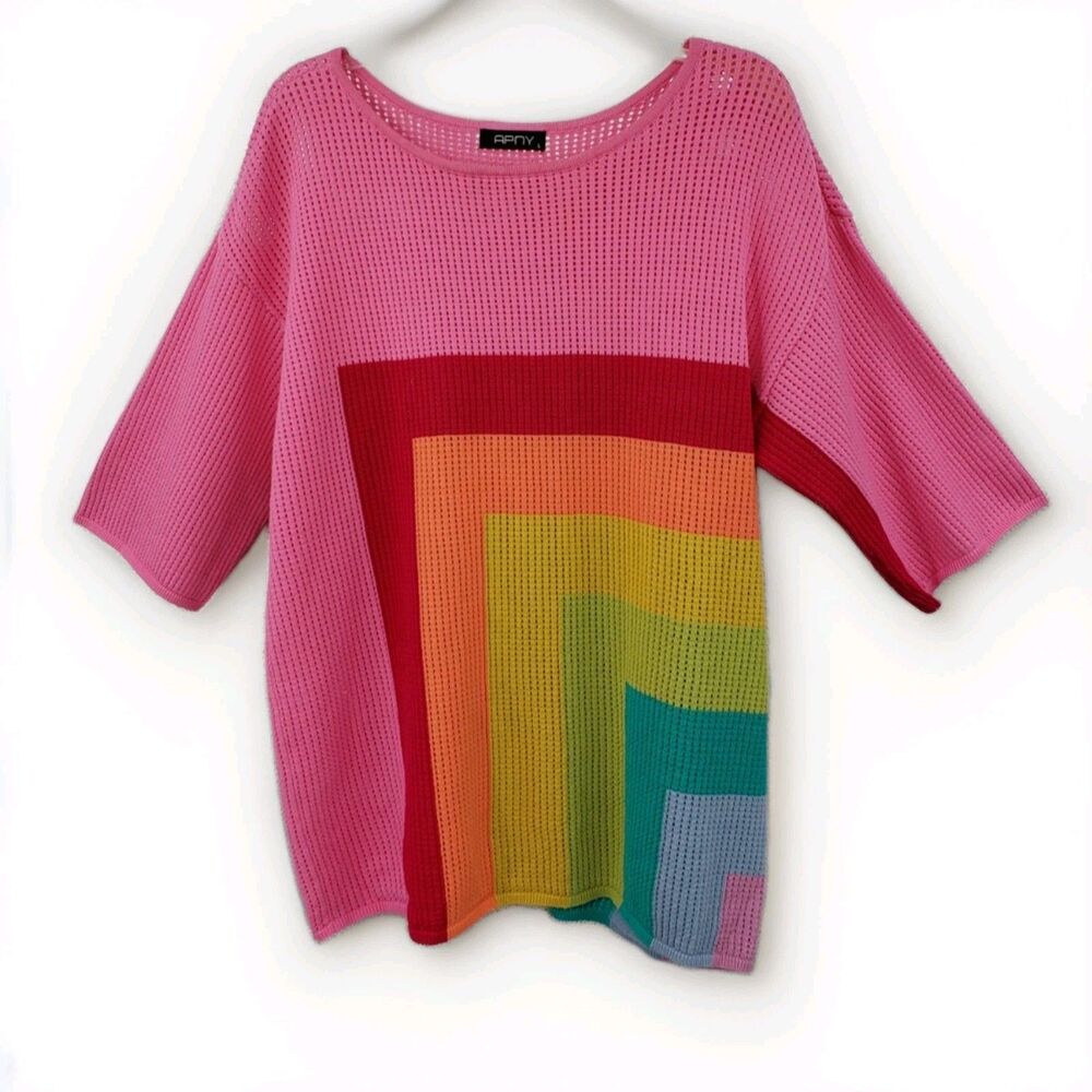 APNY Short Sleeve Top Sz L Hot Pink Rainbow Color Block Mesh Knit Art Mod Retro